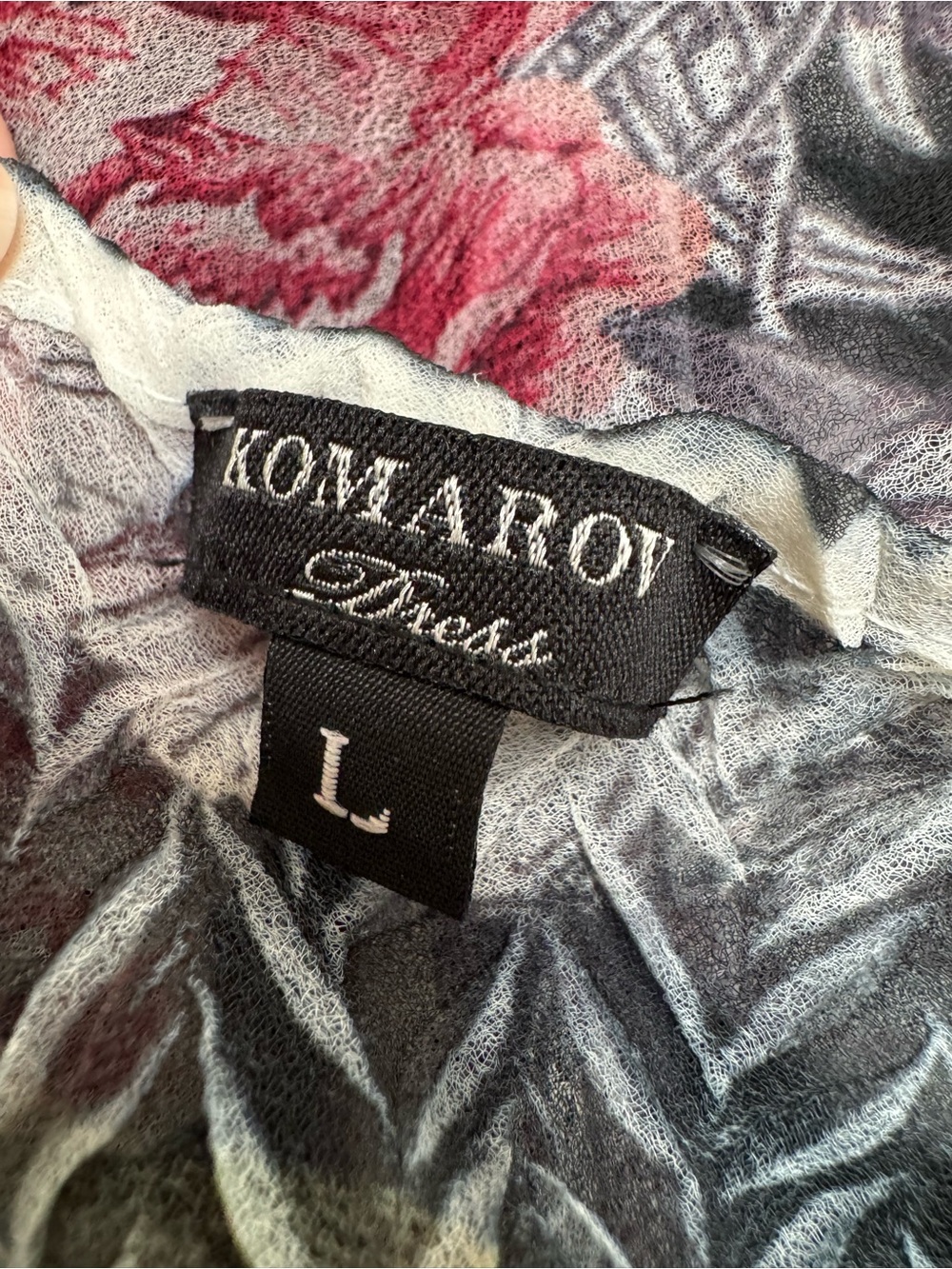 Komarov Floral Print Charmeuse Chiffon Lace Midi Dress 3/4 Sleeves Large $298 - Picture 3 of 12